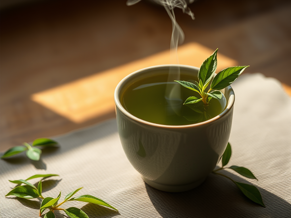 Cup of freshly brewed green tea with steam rising – rich in antioxidants and calming effects